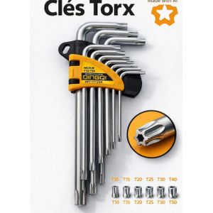 DINGQI Jeu de 9 Clés Torx Réfléchies (ETOILES) T10 à T50 – Jeu de 9 Clés Mâles Professionnelles en Acier Chrome Vanadium