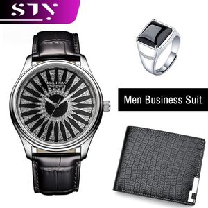 STY Ensemble Montre Homme + Portefeuille + Bague, Montre-Bracelet Homme, Portefeuille Court, Ensemble Bague Agate Noire, Montre Quartz, Ensemble Bague en Alliage Horizontal