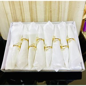 Pack de 8 Serviettes de Table de Luxe – Tissu Jacquard Blanc & Ronds de Serviette Ginkgo Biloba Dorés – Élégance Royale