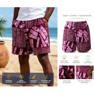 Short Décontracté en Coton Imprimé Style Batik/Ankara – Bordeaux & Rose – Unisexe