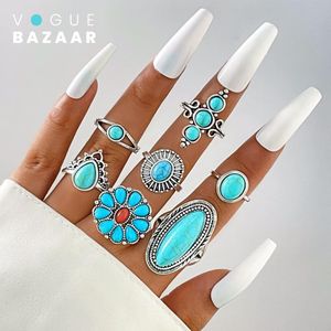 VOGUE BAZAAR Ensemble de bagues turquoise style tribal vintage 7 pièces, Unique et à la mode