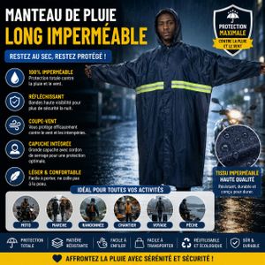 Manteau De Pluie Long Imperméable Avec Bandes Réfléchissantes – Veste Anti-Pluie Coupe-Vent Avec Capuche Pour Moto & Travail – Bleu Marine