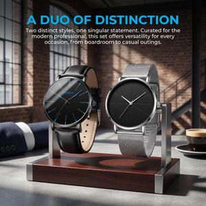 Ensemble de 2 Montres Minimalistes Geneva pour Homme - Montres Décontractées Professionnelles à Bracelet Cuir et Maille