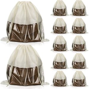 TodyJeyHo 12 pcs sacs à cordon anti-poussière, housses de sacs anti-poussière, rangement en tissu non-tissé, sacs à poussière à cordon pour rangement de sacs à main et de chaussures, organisateur de sac, fenêtre transparente en PVC avec cordon (beige)