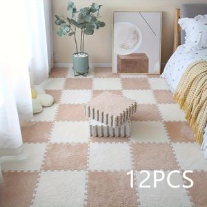 Tapis décoratif 12 pièces, petit tapis carré patchwork, idéal pour le salon, la chambre, le chevet - Blanc (6) + Camel (6)