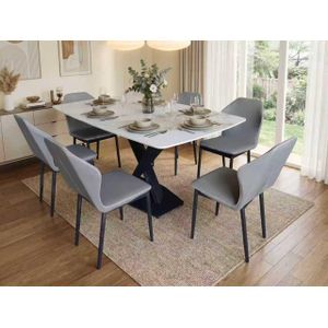 Ensemble Table à Manger Moderne Luxe – 7 Pièces – Plateau Effet Marbre & 6 Chaises Gris Anthracite