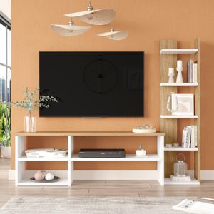 General Meuble TV Dore avec Bibliothèque et Rangement – Blanc & Panier DOR2-WS