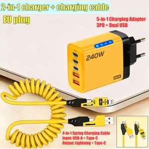 Prise européenne  Chargeur rapide 5 ports 240 W - Chargeur universel USB Type-C 5 en 1/Chargeur mural -Câble de données USB à charge rapide 4 en 1