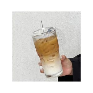 Flushrenic Tasse à café 20oz, Gobelets en verre nervuré avec couvercles et pailles, Idéal pour café glacé, cappuccino et thé - Comprend une brosse de nettoyage