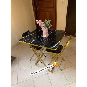 Table Tête à Tête avec 2 chaises effet marbre Noir et doré 