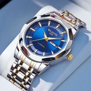 Montre-bracelet pour hommes, série haut de gamme, bracelet en acier, montre à quartz, bleu avec or, étanche