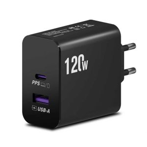 Chargeur super rapide GaN 120W, 1 port USB‑A + 1 port USB‑C, chargeur rapide PD PPS compatible avec iPhone , Samsung , Huawei, Oppo, Xiaomi, OnePlus, MacBook, ordinateurs portables, protocole GaN sécurisé, bloc de charge universel pour plusieurs appareils