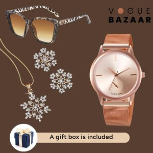 5 Pièces – Coffret Cadeau Femme Premium Lunettes de Soleil Leopard « Cat-Eye », Collier & Boucles d'Oreilles Neige à Chaîne Noire, Montre Maille Or Rose – Collection Cadeau Luxe
