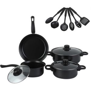 Batterie de cuisine noire, ensemble de 13 pièces de pots et ustensiles, antiadhésive, résistante aux rayures, sûre pour toutes les plaques de cuisson
