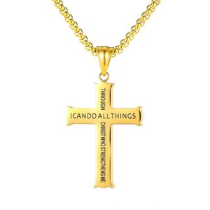 Collier croix vintage doré pour homme - Pendentif religieux gravé "JE PEUX TOUT PAR CHRIST QUI ME REND FORTE"