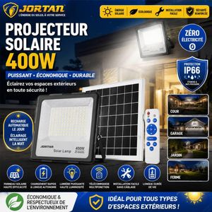 JORTAN Projecteur Solaire LED 400W Avec Panneau Solaire + Télécommande – Étanche IP66 – Éclairage Extérieur Haute Puissance