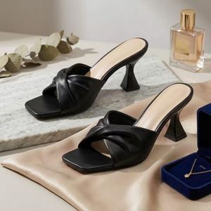 Women's Black Twist Knot Mule Sandals Mid Heel Open Toe Slide Sandals