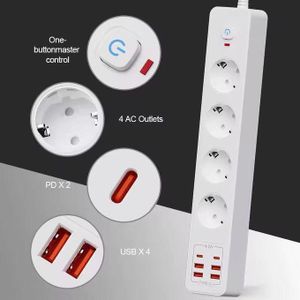 TC2i Multiprise Européenne 4 Prises + 4 Ports USB (3 USB + 1 Type-C) – 3500W / 16A avec Interrupteur