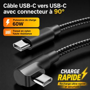 No Band Câble USB-C vers USB-C 90° – Charge Rapide 60W PD 5A – Tressé en Nylon Ultra Résistant – Compatible Samsung, Xiaomi, Huawei, Google Pixel, iPad et MacBook