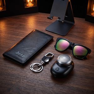 Ensemble Cadeau Premium Homme 4-en-1 - Mini Rasoir Électrique + Portefeuille Cuir + Porte-Clés + Lunettes de Soleil UV400