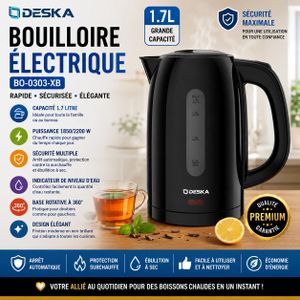 DESKA Bouilloire Électrique 1.7 Litres – Chauffe Eau Rapide 2200W – Arrêt Automatique – Noir
