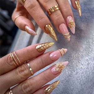 CALLIARA Faux ongles autocollants gaufrés 3D dorés, stiletto long nu de, ongles faux floraux métalliques de luxe