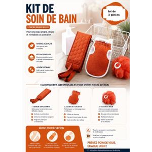 Ensemble kit de bain 3 piéces Gant Loofah Exfoliantes et bande - orange
