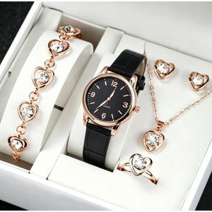 5 pièces ensemble de montres pour femme Luxe Cœur Bijoux en strass Montre Quartz Bracelet en cuir Montre de poignet Collier Bracelet Boucles d'oreilles Bague Cadeau polyvalent Accessoires de bijoux