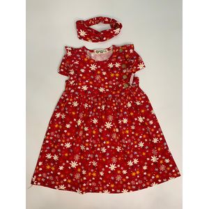 Robe Rouge à Fleurs - Bandeau Assorti. 