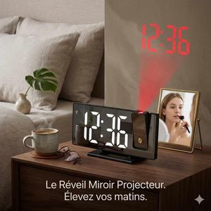 Réveil Numérique LED Intelligent avec Projecteur Intégré et Écran Effet Miroir