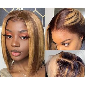 Coupe Bob fille avec frange inclinée cheveux courts marron doré