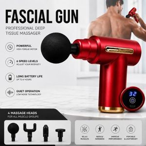 KIROTECH Pistolet de Massage LCD Portable 6 Vitesses Massage Musculaire Profond 4 Têtes Rechargeable Silencieux-rouge