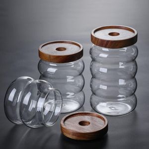 Boîte à thé en verre Bocal de stockage des aliments transparent avec couvercles en bois hermétiques