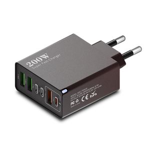 Chargeur rapide GaN 200W multiports, tête de chargement 3 USB-A & 3 USB-C, charge ultra-rapide compatible tous protocoles pour téléphones, station de chargement de bureau