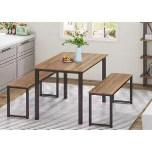Table de salle à manger avec deux bancs - marron