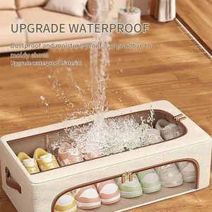 Armoire à chaussures pliable à double fenêtre adaptée à toutes les saisons - unité de rangement sous le lit anti-poussière et empilable, en lin beige avec un style vintage.