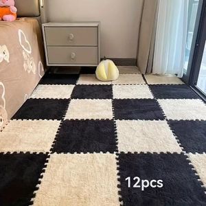 Tapis puzzle à blocs 12 pièces, tuiles de tapis emboîtables moelleuses, tapis puzzle en mousse EVA antidérapant - beige + noir