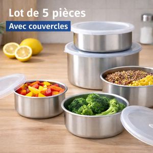 KITCHA Boîtes Alimentaires en Acier Inoxydable – Lot de 5 avec Couvercles, 10/12/14/16/18 cm