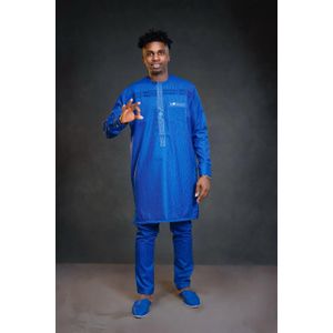 Ensemble tenue Afro-modern en lin canadien avec broderies pour Homme - Bleu