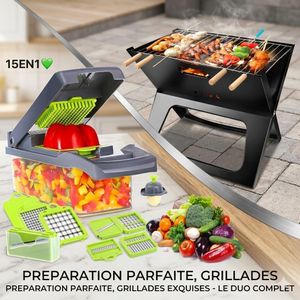 Pack Spécial Tabaski - Barbecue Pliable Portable & Coupe-Légumes Multifonction 15-en-1 - Noir & Vert