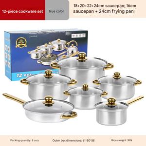 Ensemble de 12 ustensiles de cuisine comprenant une marmite, une poêle antiadhésive, une casserole et des poignées plaquées or.