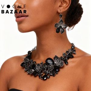 VOGUE BAZAAR Mode Femme Ensemble Noir De 2 Pièces Parure Collier & Boucles d'Oreilles