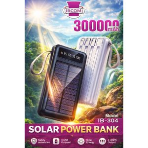 Batterie Externe(power Bank) Solaire IBCOM IB-304 - Ultra Haute Capacité 30,000 mAh avec Câbles Intégrés et Écran Numérique