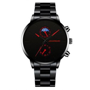CALLIARA Montre Homme Multifonctionnelle à Trois Yeux Noire, Design Soleil-Lune-Étoile, Montre Quartz à Bracelet en Acier pour Affaires et Décontracté
