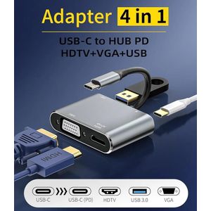 Adaptateur multiport USB-C Hub PD 4 en 1, VGA, HDMI, USB-C, USB 3.0 - Séparateur de hub USB pour tablette, ordinateur portable, téléviseur et lecteur de jeux 