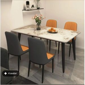 Ensemble Salle à Manger Moderne – Table Effet Marbre Doré & 4 Chaises Scandinaves Matelassées Fauve et Gris