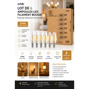 Emotionlite Lot de 6 ampoules LED filament bougie Orbik 2700K. Éclairage blanc chaud, économique et élégant, idéal pour lustres, appliques et luminaires décoratifs