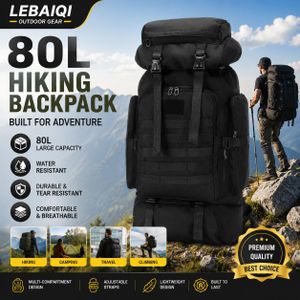 Gukbis Sac à dos d'alpinisme étanche grande capacité (80 L) – Sac à dos tactique polyvalent pour sports de plein air, randonnée et voyage – Noir
