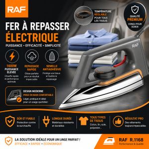 RAF Fer à Repasser Électrique 1600W – Semelle Antiadhésive – Température Réglable – Repassage Rapide Tous Tissus