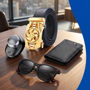Ensemble Cadeau Premium Homme 4-en-1 - Ceinture Cuir à Boucle Rotative, Rasoir Électrique Mini, Portefeuille Porte-Cartes, Lunettes de Soleil UV400